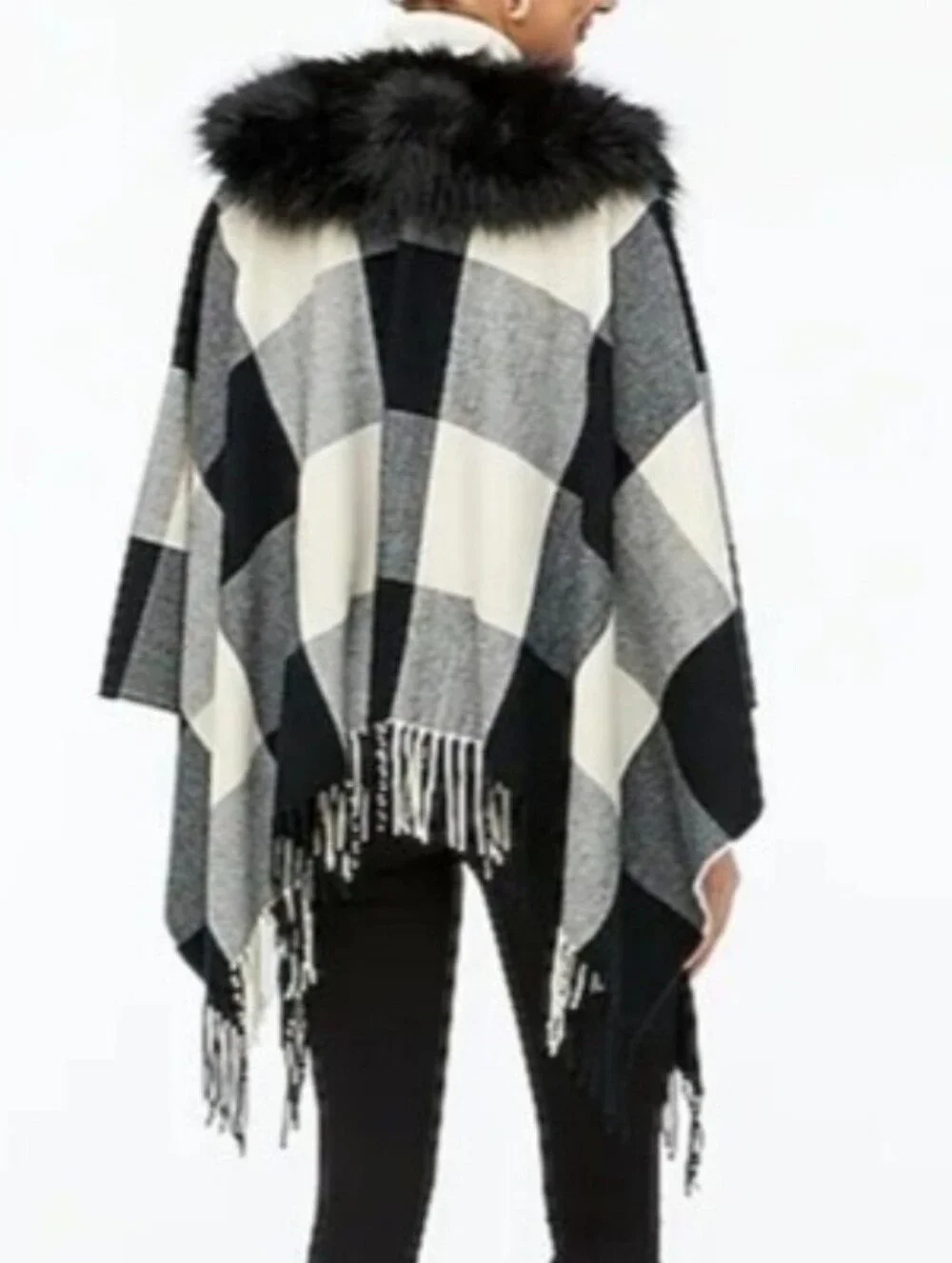 J.Crew One Size Faux Fur Collar Plaid Jacket Cape Shawl Poncho Black Fringe O/S